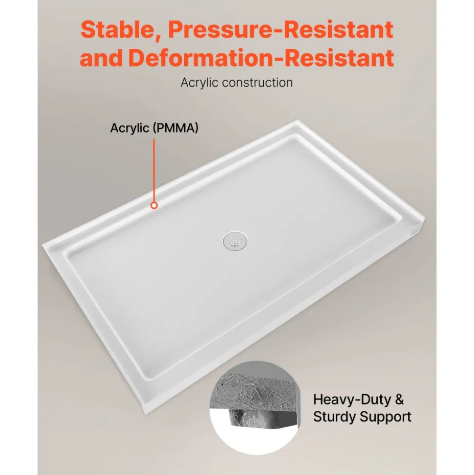VEVOR Shower Pan, 60″ L x 32″ W Single Threshold Shower Base, Rectangle Acrylic & PVC Showering Base in White, Slip-Resistant Showering Pan Bases with Drain & Cover for Bathroom, Right Drain Location