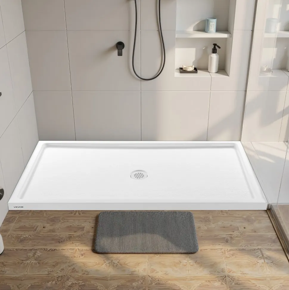 VEVOR Shower Pan, 60″ L x 32″ W Single Threshold Shower Base, Rectangle Acrylic & PVC Showering Base in White, Slip-Resistant Showering Pan Bases with Drain & Cover for Bathroom, Right Drain Location