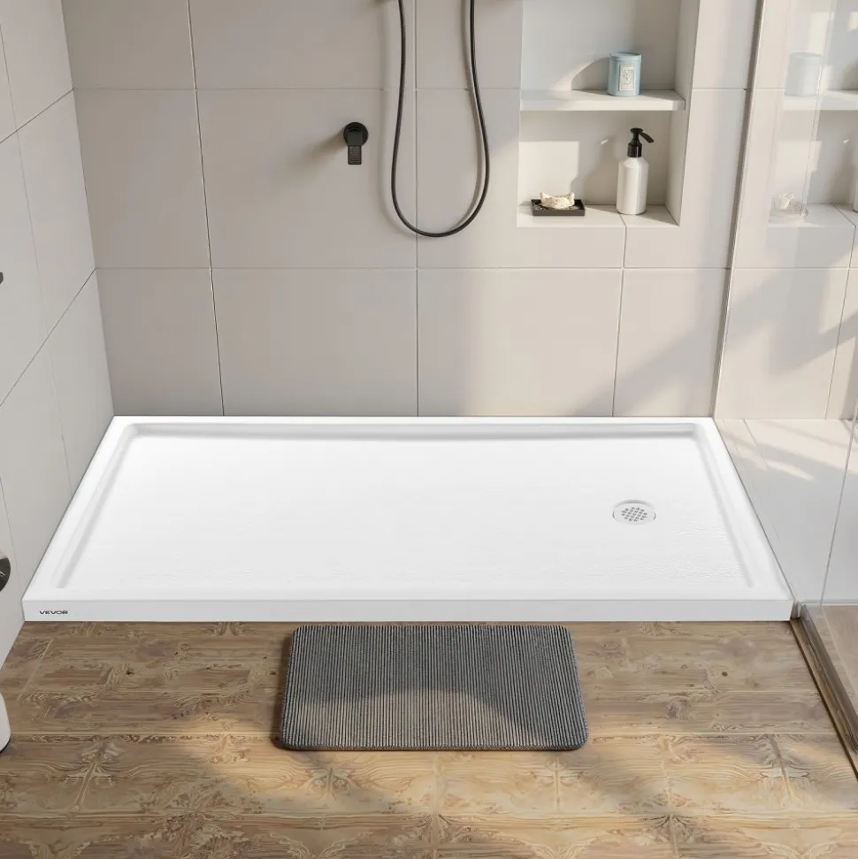 VEVOR Shower Pan, 60″ L x 30″ W Single Threshold Shower Base, Rectangle Acrylic & PVC Showering Base in White, Slip-Resistant Showering Pan Bases with Drain & Cover for Bathroom, Left Drain Location