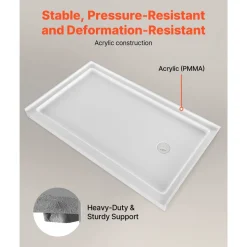 VEVOR Shower Pan, 60″ L x 30″ W Single Threshold Shower Base, Rectangle Acrylic & PVC Showering Base in White, Slip-Resistant Showering Pan Bases with Drain & Cover for Bathroom, Left Drain Location