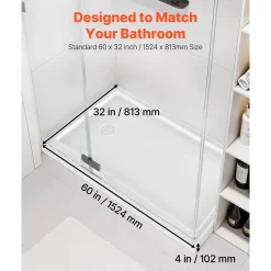 VEVOR Shower Pan, 60″ L x 32″ W Single Threshold Shower Base, Rectangle Acrylic & PVC Showering Base in White, Slip-Resistant Showering Pan Bases with Drain & Cover for Bathroom, Left Drain Location
