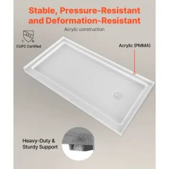 VEVOR Shower Pan, 60″ L x 32″ W Single Threshold Shower Base, Rectangle Acrylic & PVC Showering Base in White, Slip-Resistant Showering Pan Bases with Drain & Cover for Bathroom, Left Drain Location
