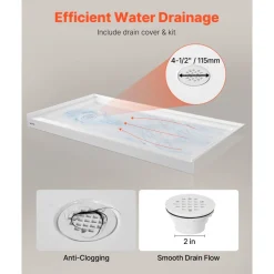 VEVOR Shower Pan, 60″ L x 32″ W Single Threshold Shower Base, Rectangle Acrylic & PVC Showering Base in White, Slip-Resistant Showering Pan Bases with Drain & Cover for Bathroom, Left Drain Location