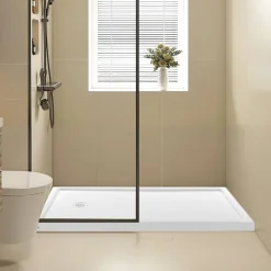 VEVOR Shower Pan, 60″ L x 32″ W Single Threshold Shower Base, Rectangle Acrylic & PVC Showering Base in White, Slip-Resistant Showering Pan Bases with Drain & Cover for Bathroom, Left Drain Location