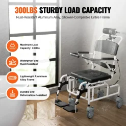 VEVOR Shower Wheelchair, 17.5in Width Aluminum Alloy Bathroom Wheelchair for Inside Shower, Adjustable Rolling Shower Chair w/ Brake for Disabled Adult, 300 lbs Capacity Shower Transport Chair