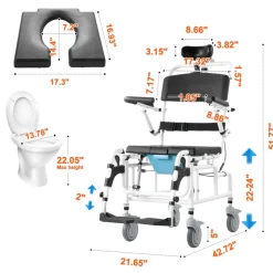 VEVOR Shower Wheelchair, 17.5in Width Aluminum Alloy Bathroom Wheelchair for Inside Shower, Adjustable Rolling Shower Chair w/ Brake for Disabled Adult, 300 lbs Capacity Shower Transport Chair