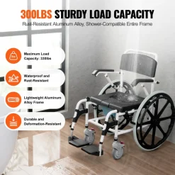 VEVOR Shower Wheelchair, 17.5in Width Aluminum Alloy Bathroom Wheelchair for Inside Shower, Adjustable Rolling Shower Chair w/ Brake for Disabled Adult, 300 lbs Capacity Shower Commode Transport Chair