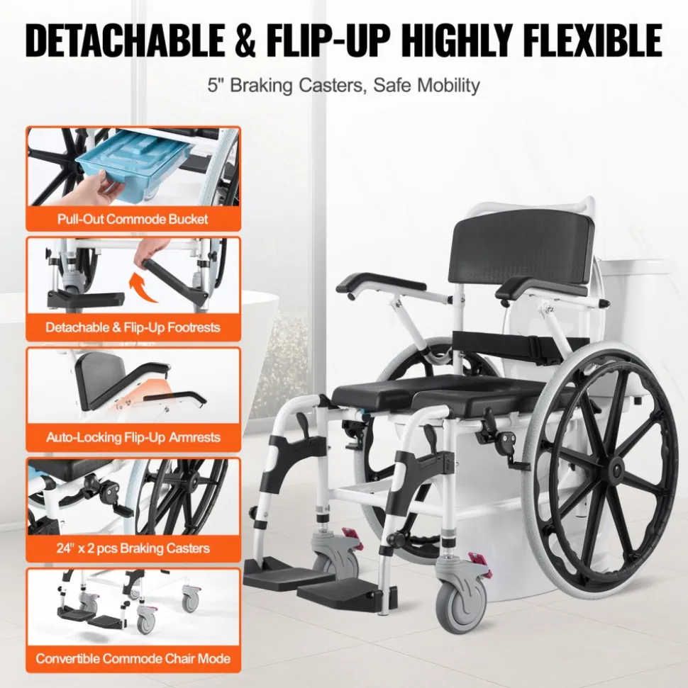 VEVOR Shower Wheelchair, 17.5in Width Aluminum Alloy Bathroom Wheelchair for Inside Shower, Adjustable Rolling Shower Chair w/ Brake for Disabled Adult, 300 lbs Capacity Shower Commode Transport Chair