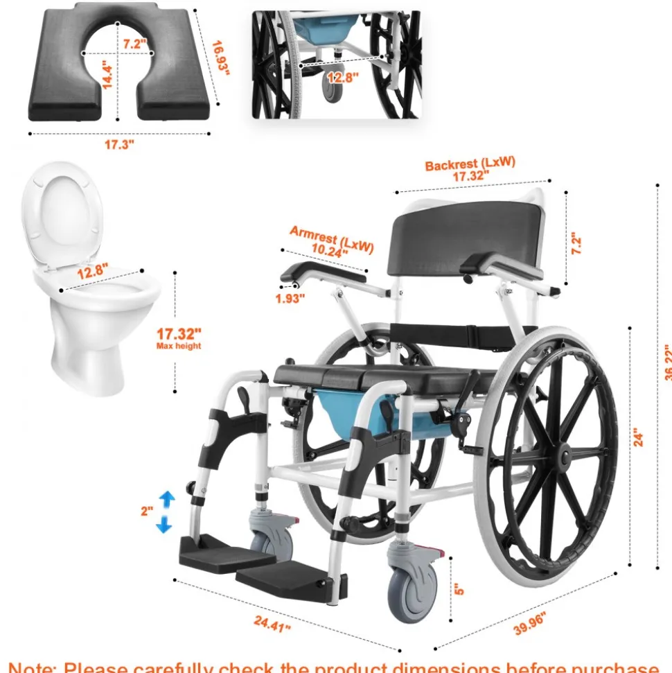 VEVOR Shower Wheelchair, 17.5in Width Aluminum Alloy Bathroom Wheelchair for Inside Shower, Adjustable Rolling Shower Chair w/ Brake for Disabled Adult, 300 lbs Capacity Shower Commode Transport Chair