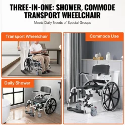 VEVOR Shower Wheelchair, 17.5in Width Aluminum Alloy Bathroom Wheelchair for Inside Shower, Adjustable Rolling Shower Chair w/ Brake for Disabled Adult, 300 lbs Capacity Shower Commode Transport Chair