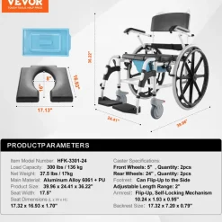 VEVOR Shower Wheelchair, 17.5in Width Aluminum Alloy Bathroom Wheelchair for Inside Shower, Adjustable Rolling Shower Chair w/ Brake for Disabled Adult, 300 lbs Capacity Shower Commode Transport Chair