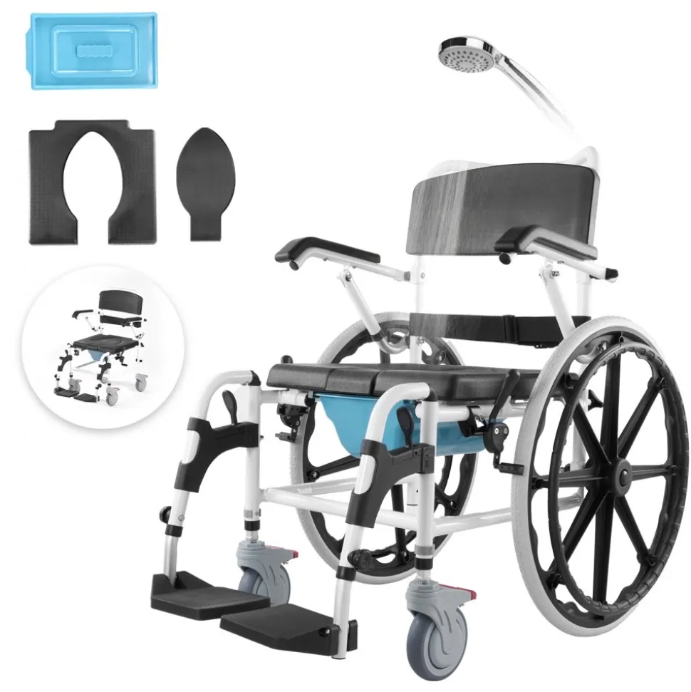 VEVOR Shower Wheelchair, 17.5in Width Aluminum Alloy Bathroom Wheelchair for Inside Shower, Adjustable Rolling Shower Chair w/ Brake for Disabled Adult, 300 lbs Capacity Shower Commode Transport Chair