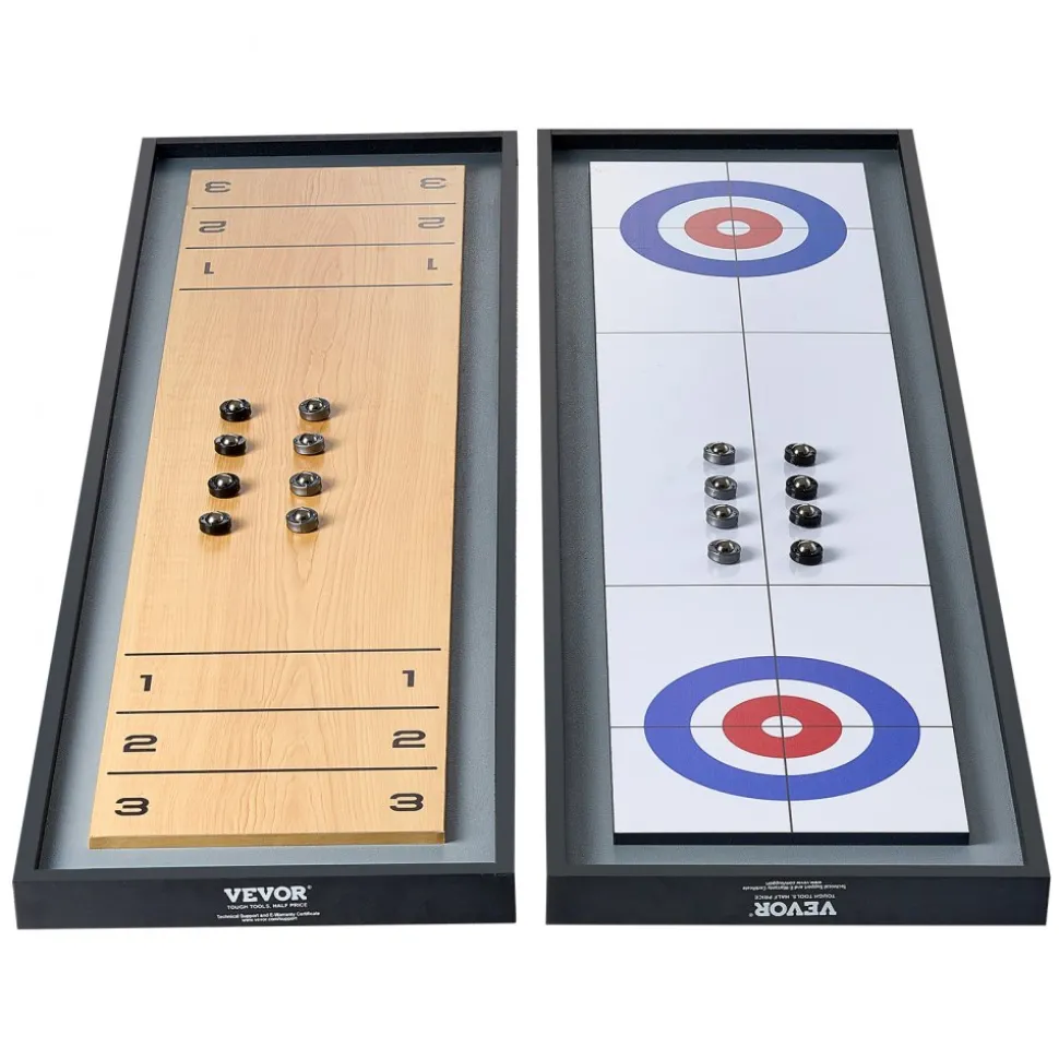 VEVOR Shuffleboard and Curling 2 in 1 Board Games, 45" Portable Tabletop Set, Two Sided Tabletop Shuffleboard with 8 Rolling Pucks, Shuffleboard and Curling Combo Game Set for Kids and Family