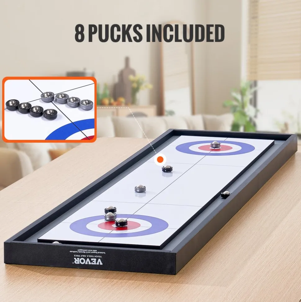 VEVOR Shuffleboard and Curling 2 in 1 Board Games, 45" Portable Tabletop Set, Two Sided Tabletop Shuffleboard with 8 Rolling Pucks, Shuffleboard and Curling Combo Game Set for Kids and Family