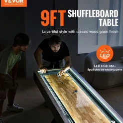 VEVOR Shuffleboard Table, 9 ft LED Light Up Shuffleboard for Family Game Room, 2 in 1 Shuffleboard and Bowling Combo Game Set, with Scratch-Resistant Playfield, Legs, 8 Pucks, Bowling Set, Wax, Brush