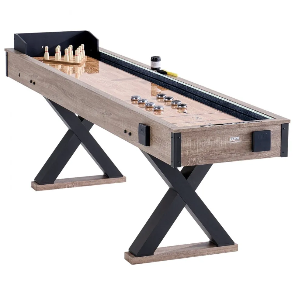 VEVOR Shuffleboard Table, 9 ft LED Light Up Shuffleboard for Family Game Room, 2 in 1 Shuffleboard and Bowling Combo Game Set, with Scratch-Resistant Playfield, Legs, 8 Pucks, Bowling Set, Wax, Brush