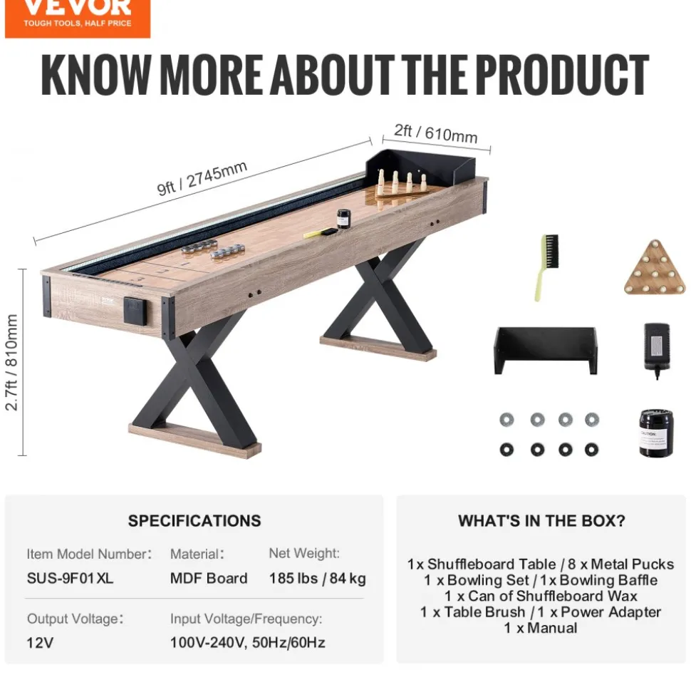VEVOR Shuffleboard Table, 9 ft LED Light Up Shuffleboard for Family Game Room, 2 in 1 Shuffleboard and Bowling Combo Game Set, with Scratch-Resistant Playfield, Legs, 8 Pucks, Bowling Set, Wax, Brush