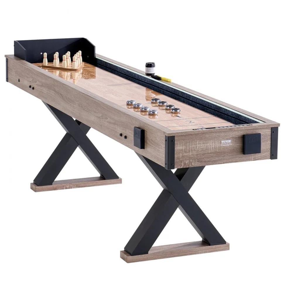 VEVOR Shuffleboard Table, 9 ft LED Light Up Shuffleboard for Family Game Room, 2 in 1 Shuffleboard and Bowling Combo Game Set, with Scratch-Resistant Playfield, Legs, 8 Pucks, Bowling Set, Wax, Brush