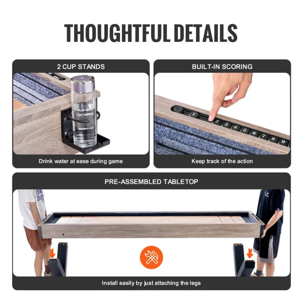 VEVOR Shuffleboard Table, 9 ft LED Light Up Shuffleboard for Family Game Room, 2 in 1 Shuffleboard and Bowling Combo Game Set, with Scratch-Resistant Playfield, Legs, 8 Pucks, Bowling Set, Wax, Brush