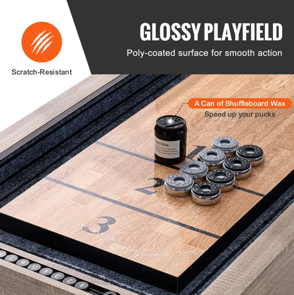 VEVOR Shuffleboard Table, 9 ft LED Light Up Shuffleboard for Family Game Room, 2 in 1 Shuffleboard and Bowling Combo Game Set, with Scratch-Resistant Playfield, Legs, 8 Pucks, Bowling Set, Wax, Brush