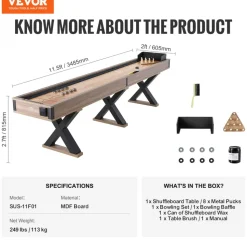 VEVOR Shuffleboard Table, 11.5 ft Shuffleboard for Family Game Rooms, 2 in 1 Shuffleboard and Bowling Combo Game Set, with Scratch-Resistant Playfield, Legs, 8 Pucks, Bowling Set, Wax, and Table Brush