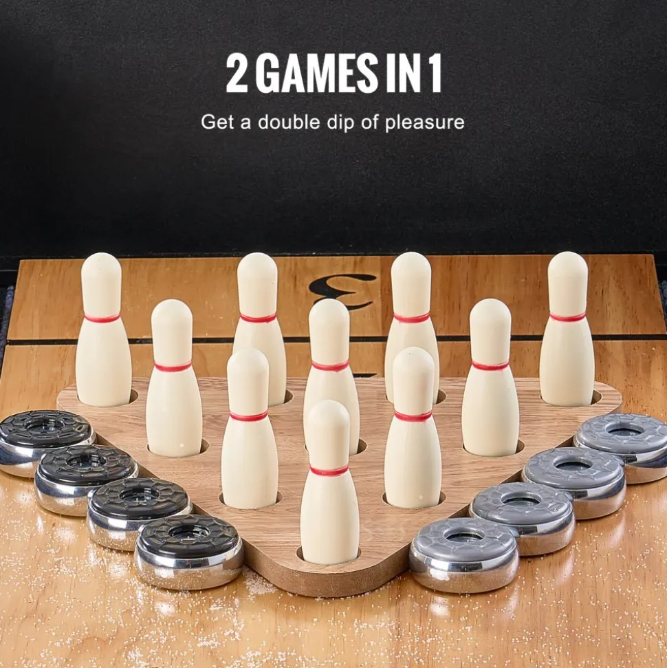 VEVOR Shuffleboard Table, 11.5 ft Shuffleboard for Family Game Rooms, 2 in 1 Shuffleboard and Bowling Combo Game Set, with Scratch-Resistant Playfield, Legs, 8 Pucks, Bowling Set, Wax, and Table Brush