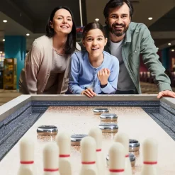 VEVOR Shuffleboard Table, 11.5 ft Shuffleboard for Family Game Rooms, 2 in 1 Shuffleboard and Bowling Combo Game Set, with Scratch-Resistant Playfield, Legs, 8 Pucks, Bowling Set, Wax, and Table Brush