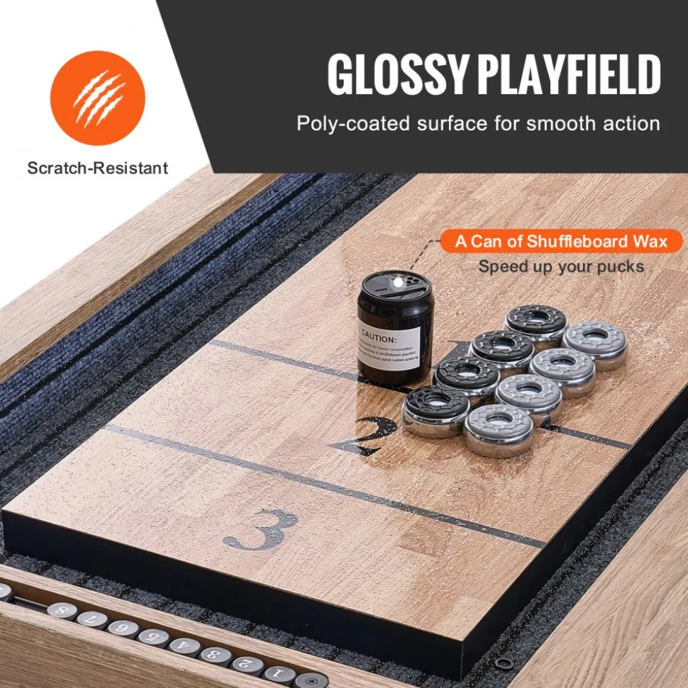 VEVOR Shuffleboard Table, 9 ft Shuffleboard for Family Game Rooms, 2 in 1 Shuffleboard and Bowling Combo Game Set, with Scratch-Resistant Playfield, Legs, 8 Pucks, Bowling Set, Wax, and Table Brush