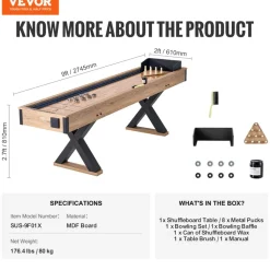 VEVOR Shuffleboard Table, 9 ft Shuffleboard for Family Game Rooms, 2 in 1 Shuffleboard and Bowling Combo Game Set, with Scratch-Resistant Playfield, Legs, 8 Pucks, Bowling Set, Wax, and Table Brush