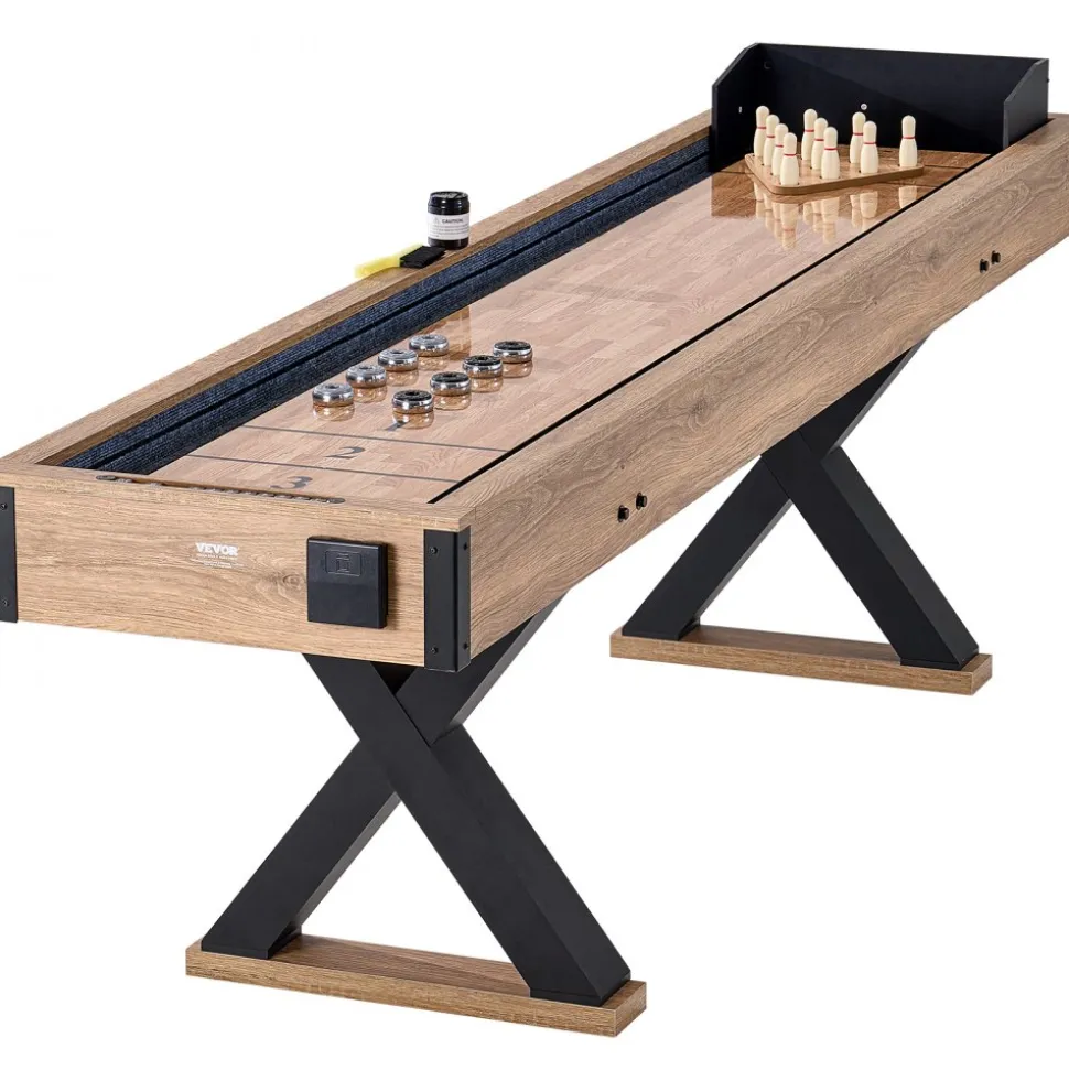VEVOR Shuffleboard Table, 9 ft Shuffleboard for Family Game Rooms, 2 in 1 Shuffleboard and Bowling Combo Game Set, with Scratch-Resistant Playfield, Legs, 8 Pucks, Bowling Set, Wax, and Table Brush
