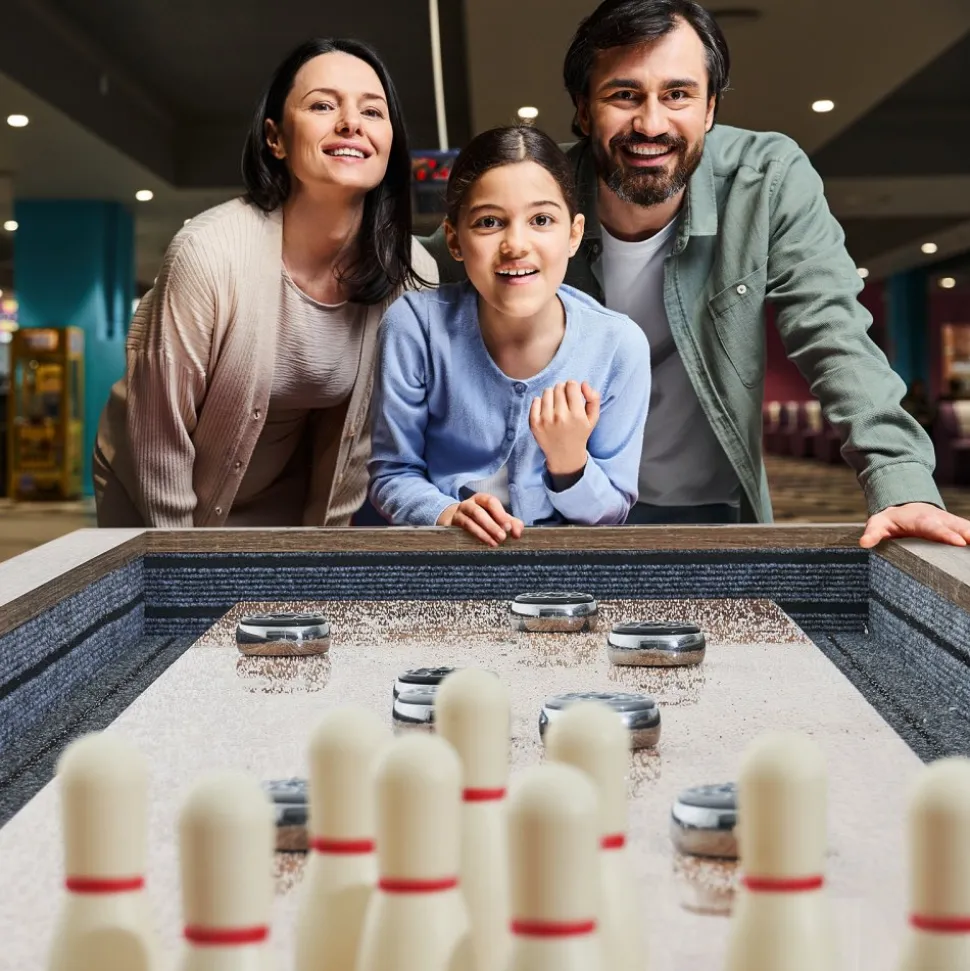 VEVOR Shuffleboard Table, 9 ft Shuffleboard for Family Game Rooms, 2 in 1 Shuffleboard and Bowling Combo Game Set, with Scratch-Resistant Playfield, Legs, 8 Pucks, Bowling Set, Wax, and Table Brush