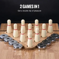 VEVOR Shuffleboard Table, 9 ft Shuffleboard for Family Game Rooms, 2 in 1 Shuffleboard and Bowling Combo Game Set, with Scratch-Resistant Playfield, Legs, 8 Pucks, Bowling Set, Wax, and Table Brush