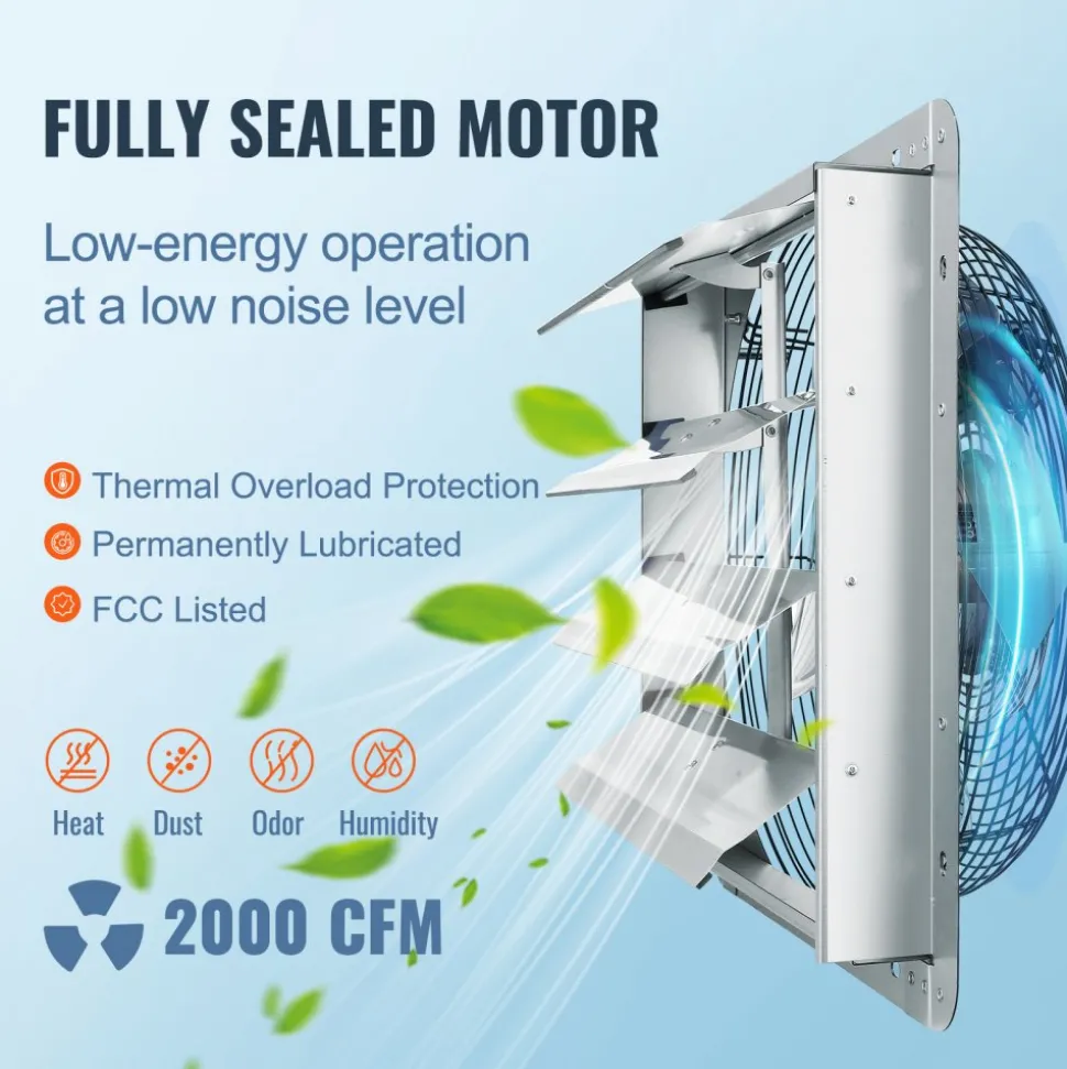 VEVOR 16'' Shutter Exhaust Fan, High-speed 2000 CFM, Aluminum Wall Mount Attic Fan with AC-motor, Ventilation and Cooling for Greenhouses, Garages, Sheds, Shops, FCC