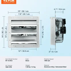 VEVOR 12'' Shutter Exhaust Fan, High-speed 1000 CFM, Aluminum Wall Mount Attic Fan with AC-motor, Ventilation and Cooling for Greenhouses, Garages, Sheds, Shops, FCC
