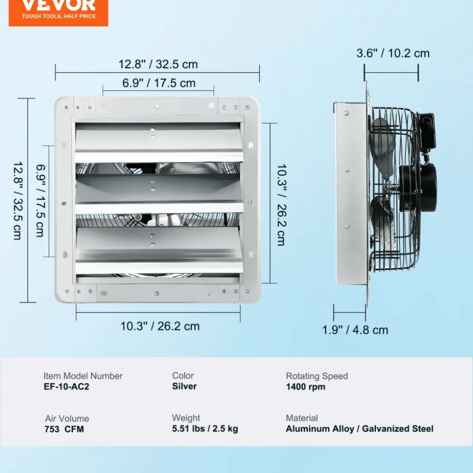 VEVOR 10'' Shutter Exhaust Fan, High-speed 820 CFM, Aluminum Wall Mount Attic Fan with AC-motor, Ventilation and Cooling for Greenhouses, Garages, Sheds, Shops, FCC