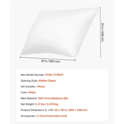 VEVOR Silk Pillowcase, 100% Pure Mulberry Silk Pillow Case, 26 in x 20 in Standard Silky Pillow Case for Hair and Skin, Smooth, Soft and Breathable Pillowcase with Hidden Zipper, for Sleeping (White)