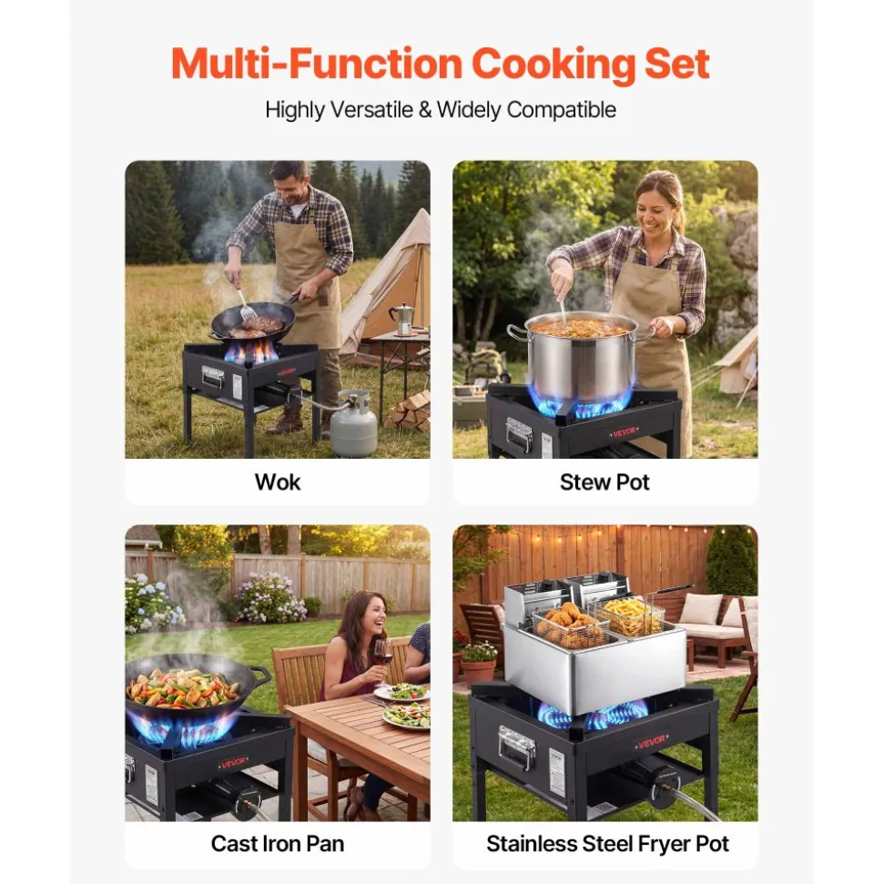 VEVOR Single Burner Outdoor Propane Gas Stove, 200,000 BTU Propane LPG Gas Camping Stove, Heavy Duty Carbon Steel Outdoor Cooker, with Shield & 20 PSI Regulator, for BBQ Camp Home Patio Seafood Boil