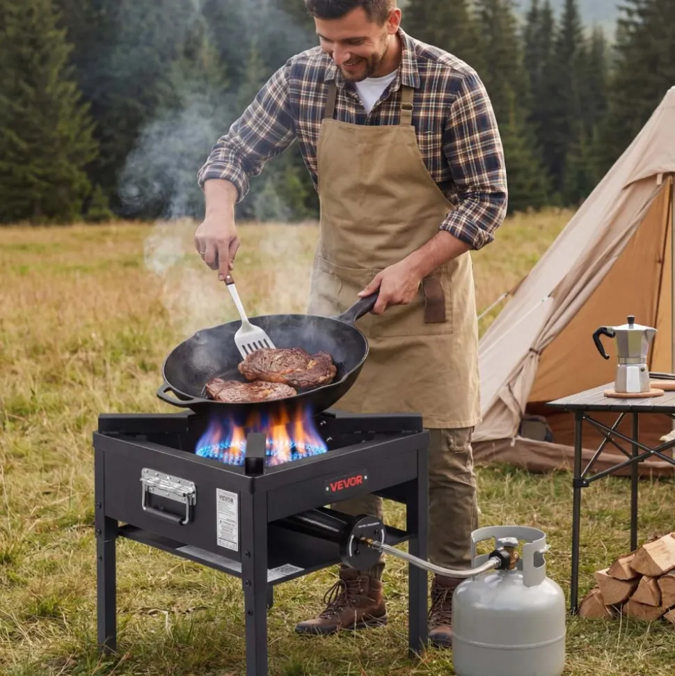 VEVOR Single Burner Outdoor Propane Gas Stove, 200,000 BTU Propane LPG Gas Camping Stove, Heavy Duty Carbon Steel Outdoor Cooker, with Shield & 20 PSI Regulator, for BBQ Camp Home Patio Seafood Boil
