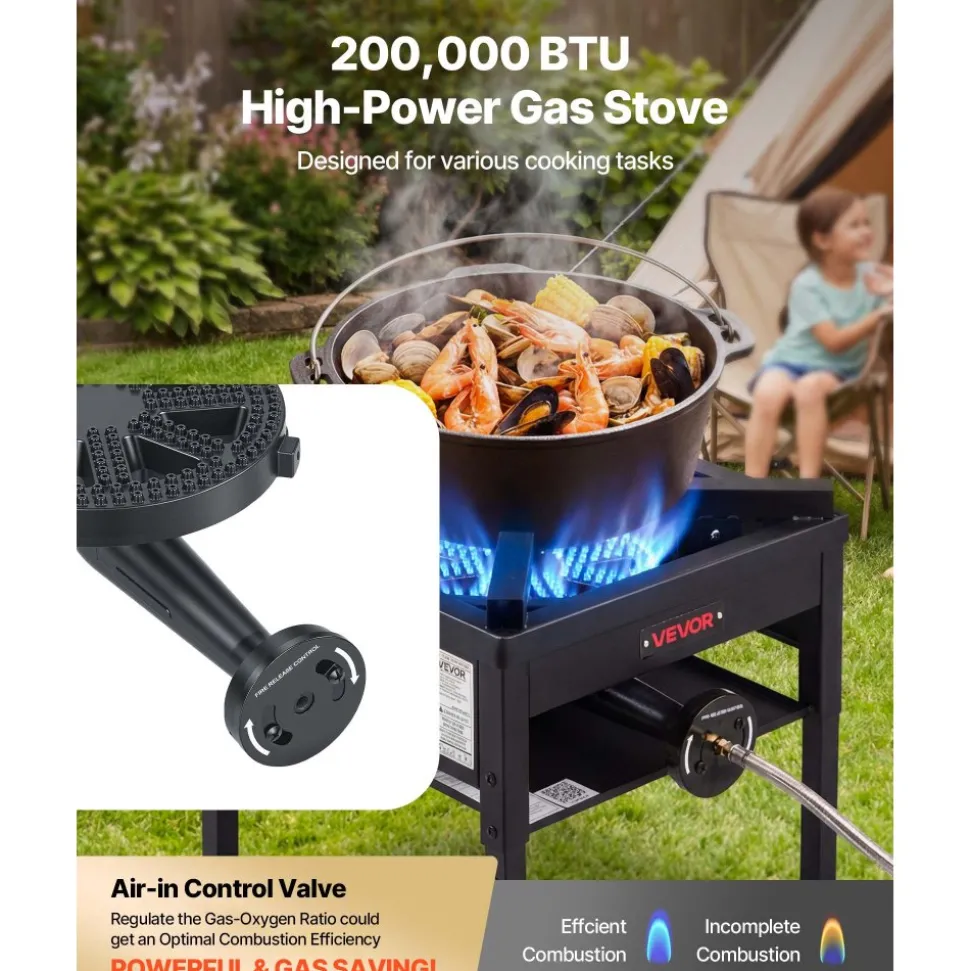 VEVOR Single Burner Outdoor Propane Gas Stove, 200,000 BTU Propane LPG Gas Camping Stove, Heavy Duty Carbon Steel Outdoor Cooker, with Shield & 20 PSI Regulator, for BBQ Camp Home Patio Seafood Boil