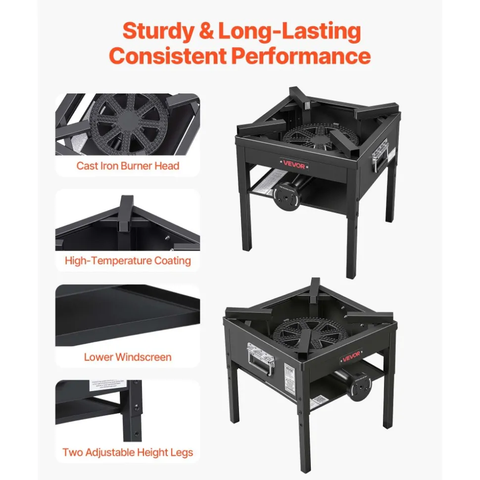 VEVOR Single Burner Outdoor Propane Gas Stove, 200,000 BTU Propane LPG Gas Camping Stove, Heavy Duty Carbon Steel Outdoor Cooker, with Shield & 20 PSI Regulator, for BBQ Camp Home Patio Seafood Boil