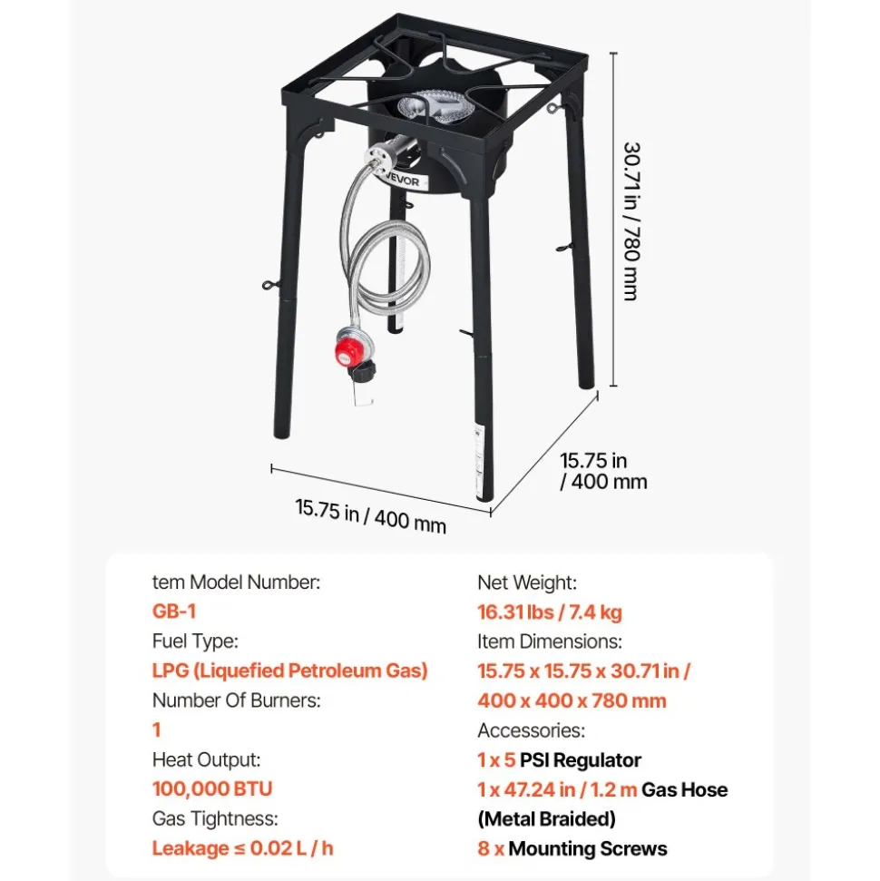 VEVOR Single Burner Outdoor Propane Gas Stove, 100,000 BTU Propane LPG Gas Camping Stove, Heavy Duty Carbon Steel Outdoor Cooker, with Tall Stand & PSI Regulator, for BBQ Camp Home Patio RV Cooking