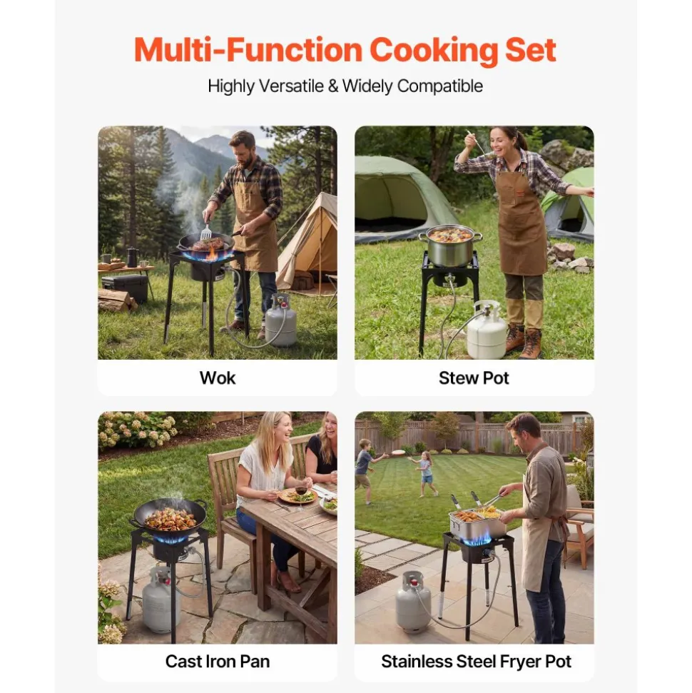 VEVOR Single Burner Outdoor Propane Gas Stove, 100,000 BTU Propane LPG Gas Camping Stove, Heavy Duty Carbon Steel Outdoor Cooker, with Tall Stand & PSI Regulator, for BBQ Camp Home Patio RV Cooking