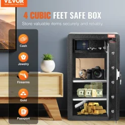 VEVOR Single Door 4.0 cu.ft Safe Box with Key Lock & Password, Safe Lock Box with Fireproof Bag, Key Rack, LED Light, 2 Shelves, and 1 Cabinet for Money, Documents, Jewelry, and Valuables, Black