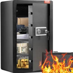 VEVOR Single Door 4.0 cu.ft Safe Box with Key Lock & Password, Safe Lock Box with Fireproof Bag, Key Rack, LED Light, 2 Shelves, and 1 Cabinet for Money, Documents, Jewelry, and Valuables, Black