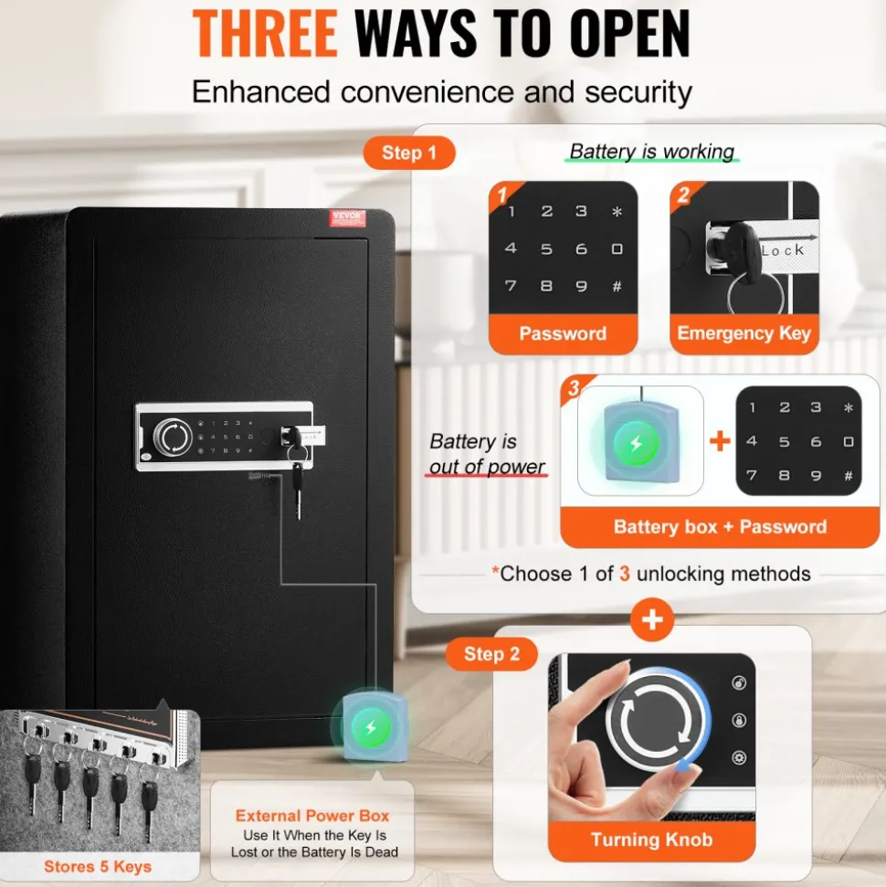 VEVOR Single Door 3.5 cu.ft Safe Box with Key Lock & Password, Safe Lock Box with Fireproof Bag, Key Rack, LED Light, and 2 Shelves for Money, Documents, Jewelry, and Valuables, Black
