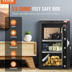 VEVOR Single Door 3.5 cu.ft Safe Box with Key Lock & Password, Safe Lock Box with Fireproof Bag, Key Rack, LED Light, and 2 Shelves for Money, Documents, Jewelry, and Valuables, Black