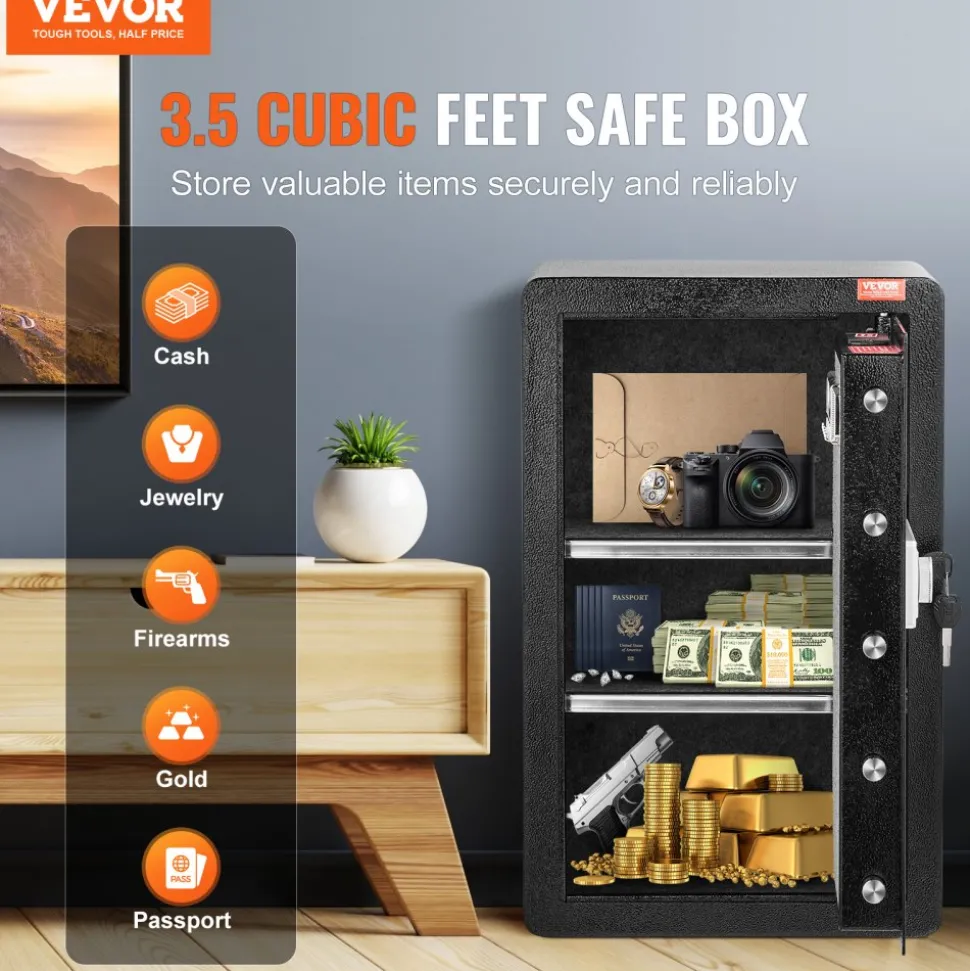 VEVOR Single Door 3.5 cu.ft Safe Box with Key Lock & Password, Safe Lock Box with Fireproof Bag, Key Rack, LED Light, and 2 Shelves for Money, Documents, Jewelry, and Valuables, Black