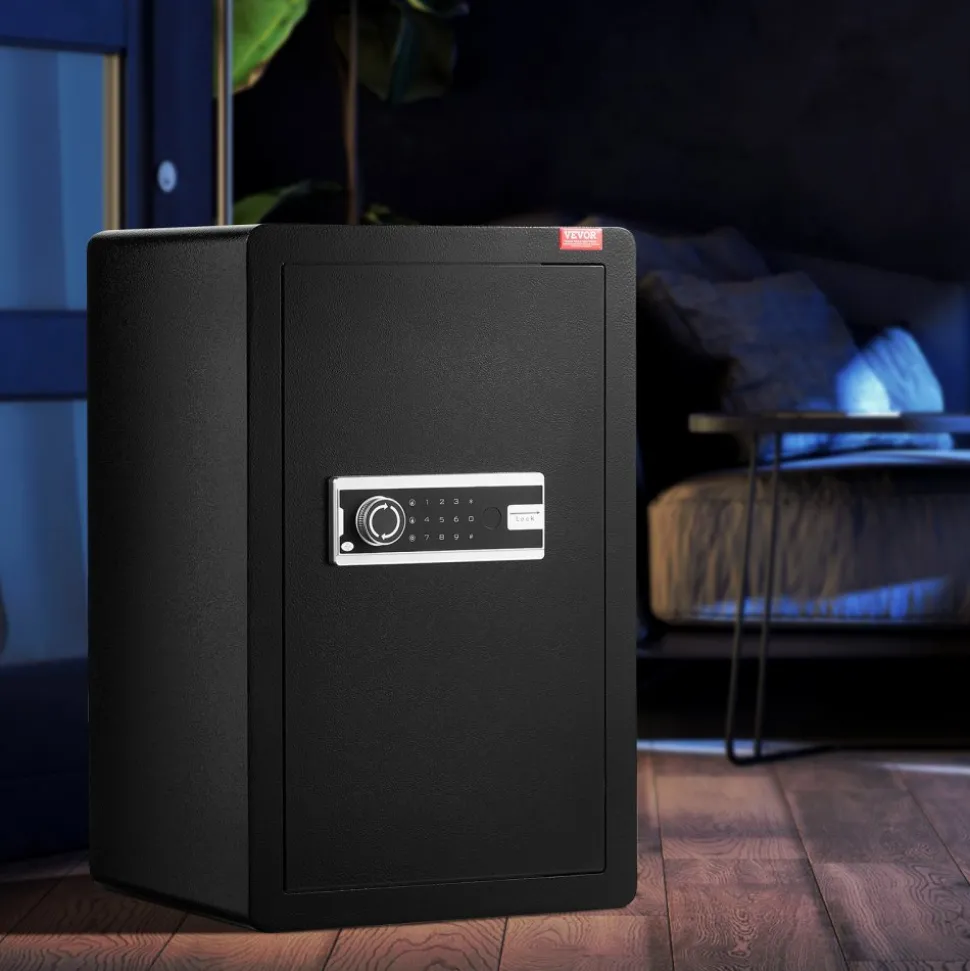 VEVOR Single Door 3.5 cu.ft Safe Box with Key Lock & Password, Safe Lock Box with Fireproof Bag, Key Rack, LED Light, and 2 Shelves for Money, Documents, Jewelry, and Valuables, Black