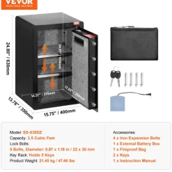 VEVOR Single Door 3.5 cu.ft Safe Box with Key Lock & Password, Safe Lock Box with Fireproof Bag, Key Rack, LED Light, and 2 Shelves for Money, Documents, Jewelry, and Valuables, Black