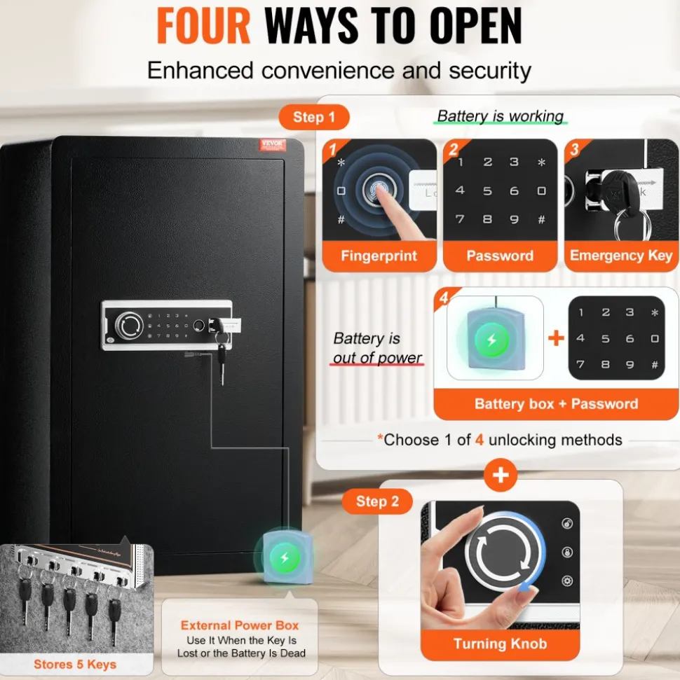 VEVOR Single Door 4.0 cu.ft Safe Box with Key Lock, Password & Fingerprint, Safe Lock Box with Fireproof Bag, Key Rack, LED Light, and 2 Shelves for Money, Documents, Jewelry, and Valuables, Black